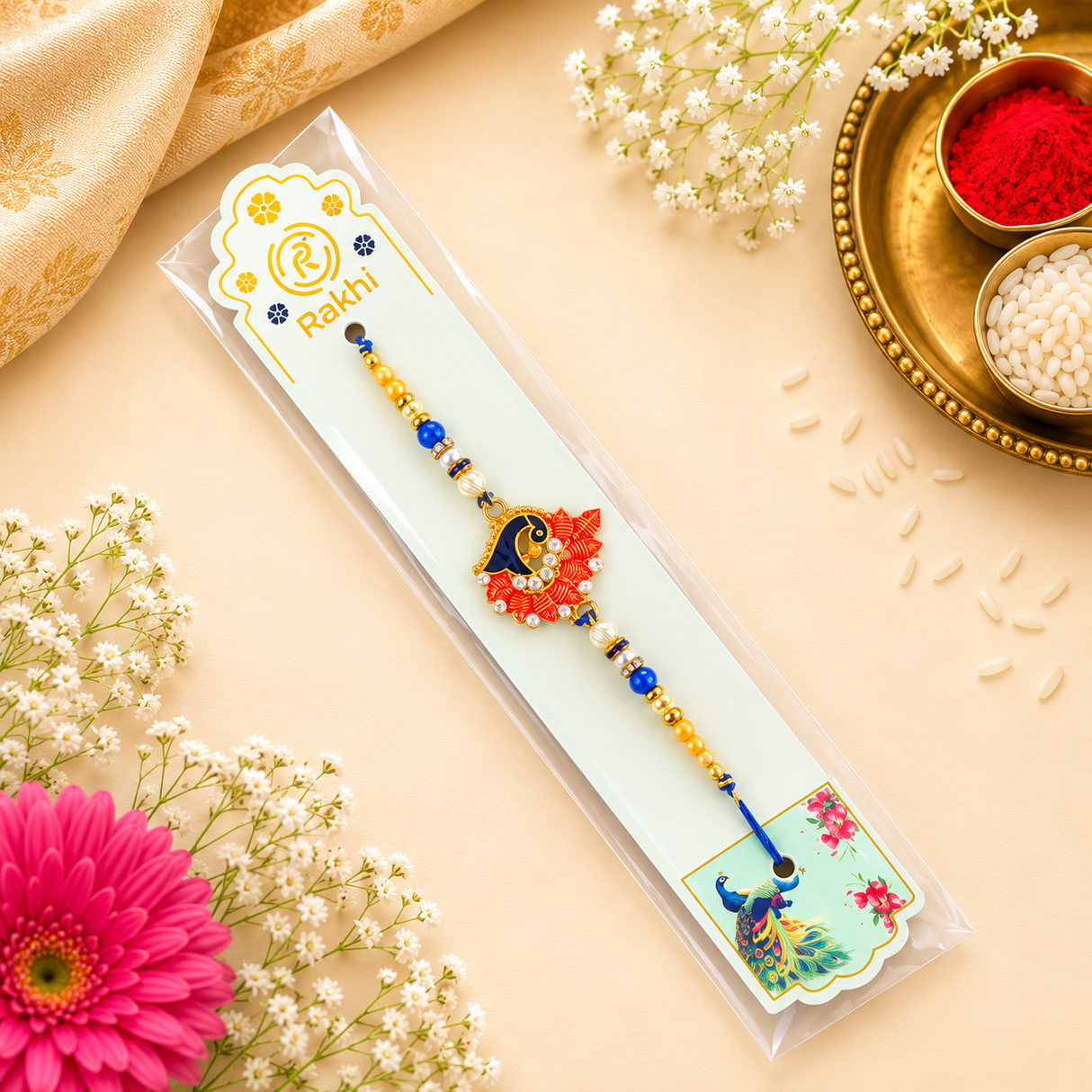 Designer Peacock Rakhi with Stone & Bead Work 1 – Premium Rakhi