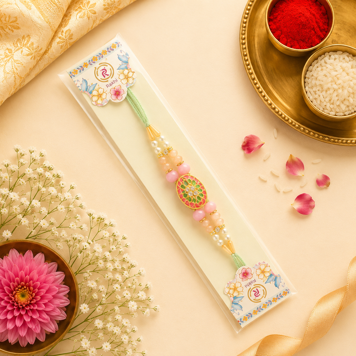 Designer Floral Rakhi with Pearl & Stone Work – Premium Rakhi