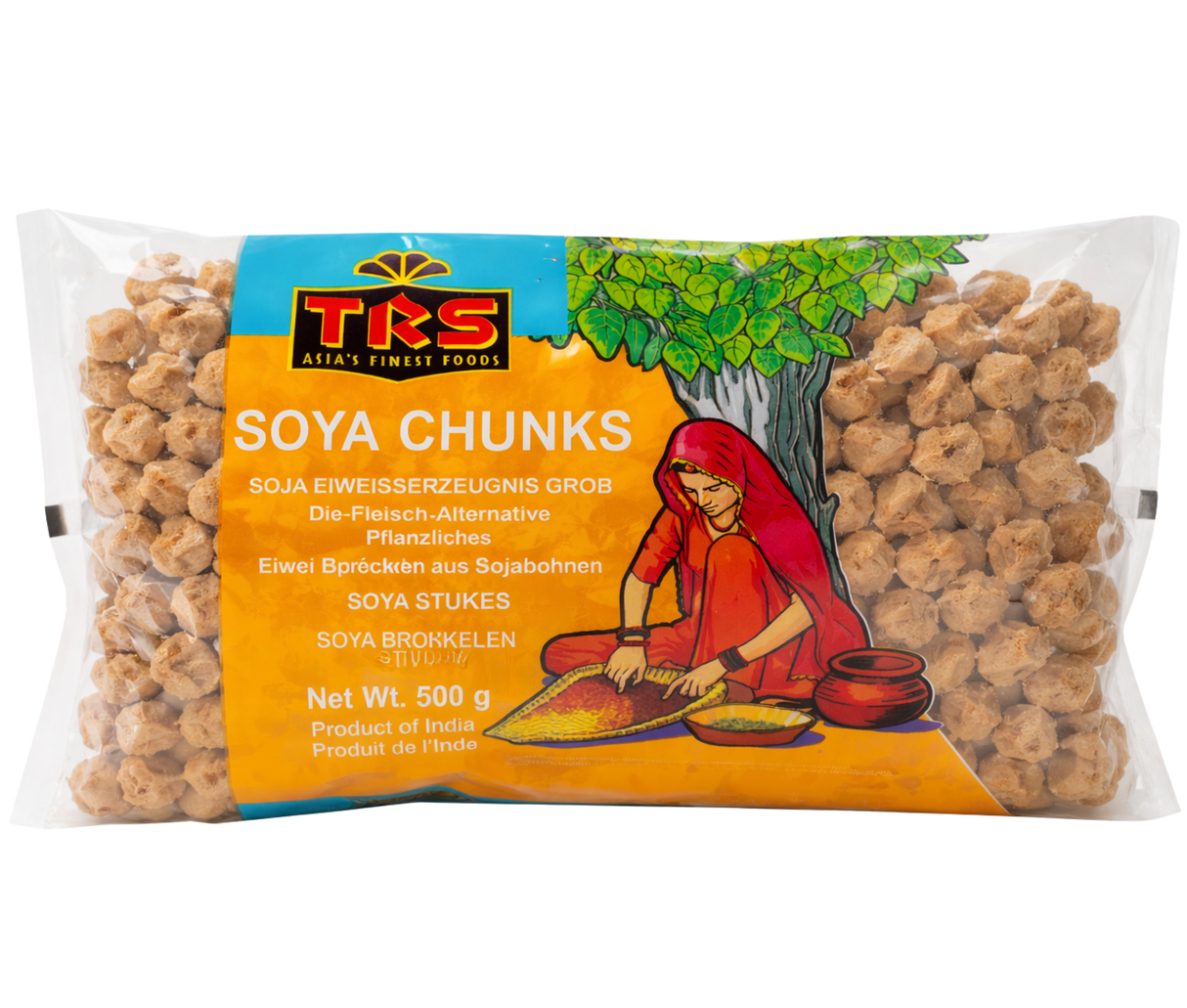 Packaged soya chunks with TRS branding on a white background
