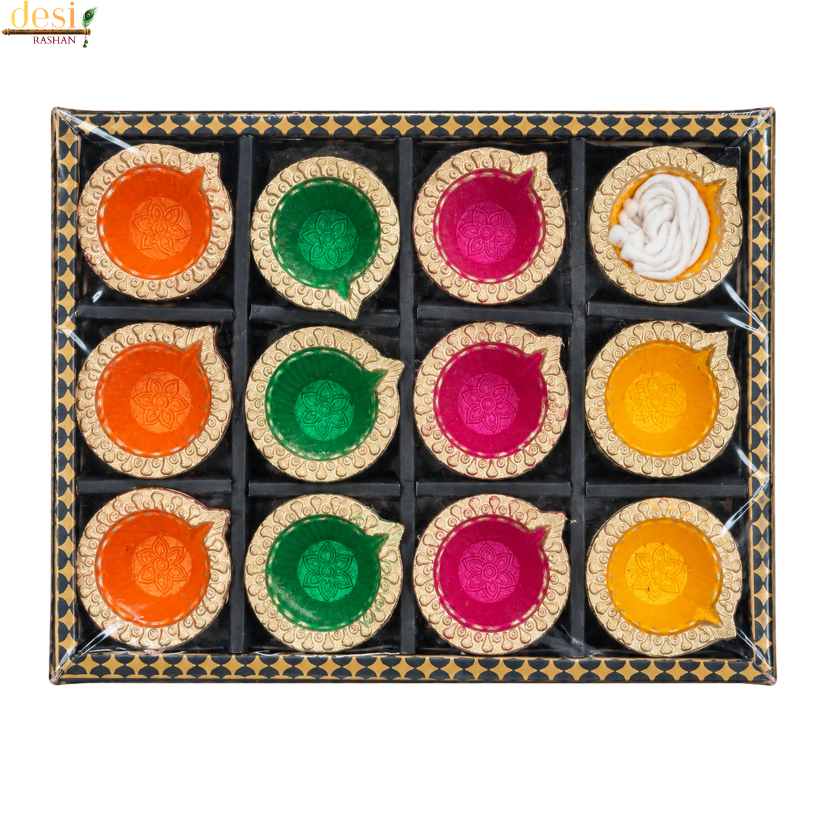Decorative Multicolor Diya Set with Cotton Wicks – 12 pcs