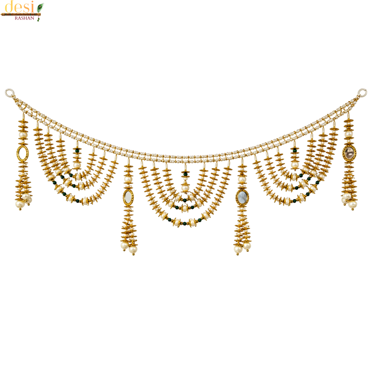 Golden Pearl Beaded Decorative Door Toran with Mirror-Style Accents