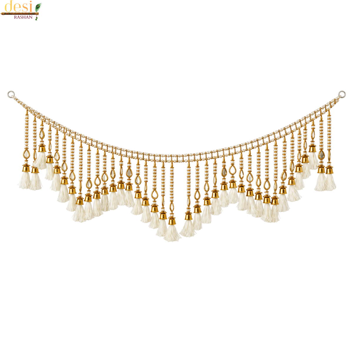 Golden Pearl Mirror Door Toran with White Tassels