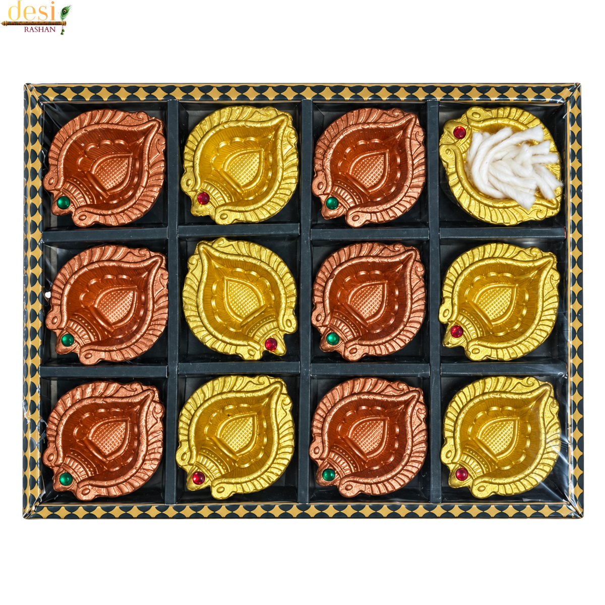 Traditional Decorative Diya Set with Cotton Wicks – 12 pcs