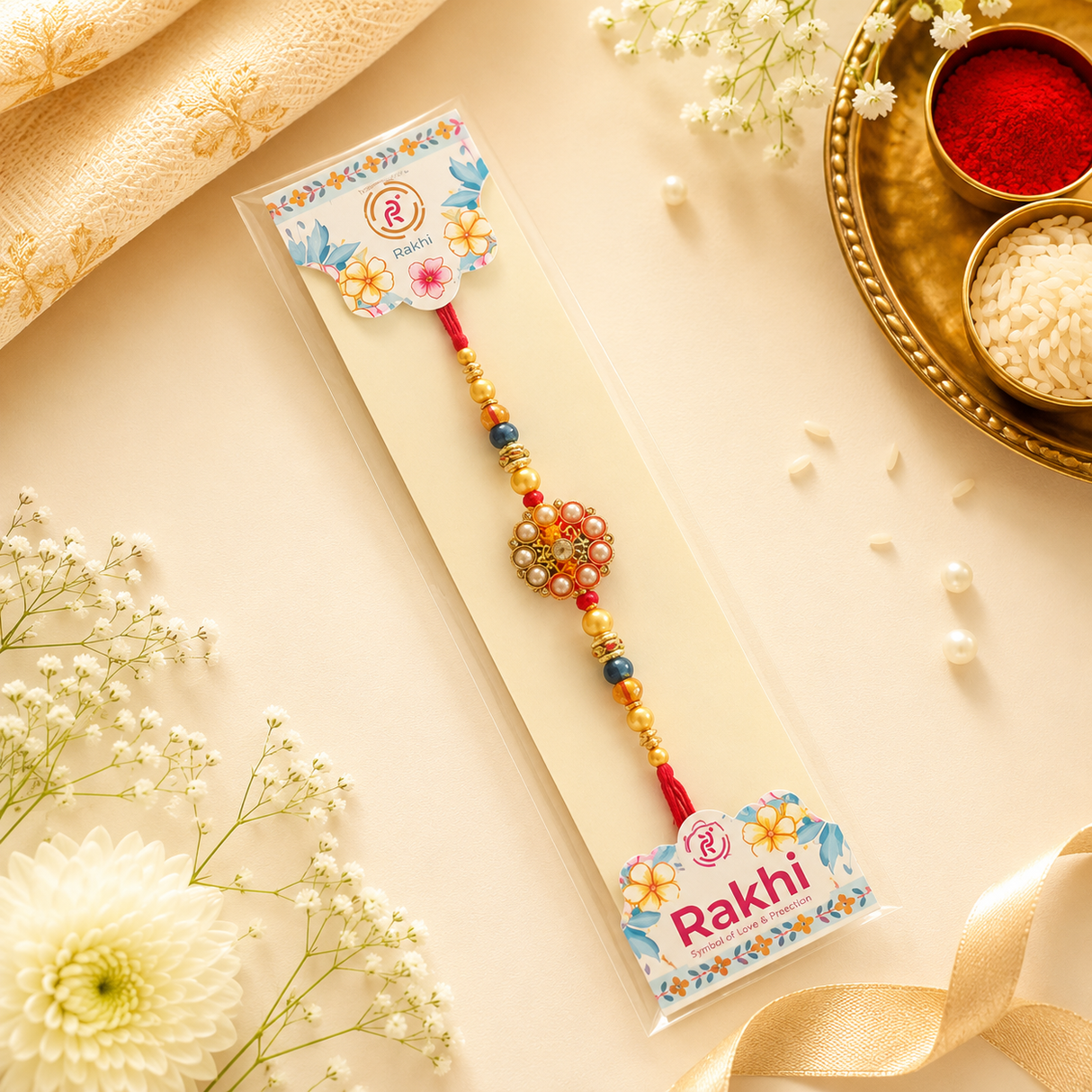 Designer Floral Pearl Rakhi with Stone Work – Premium Rakhi