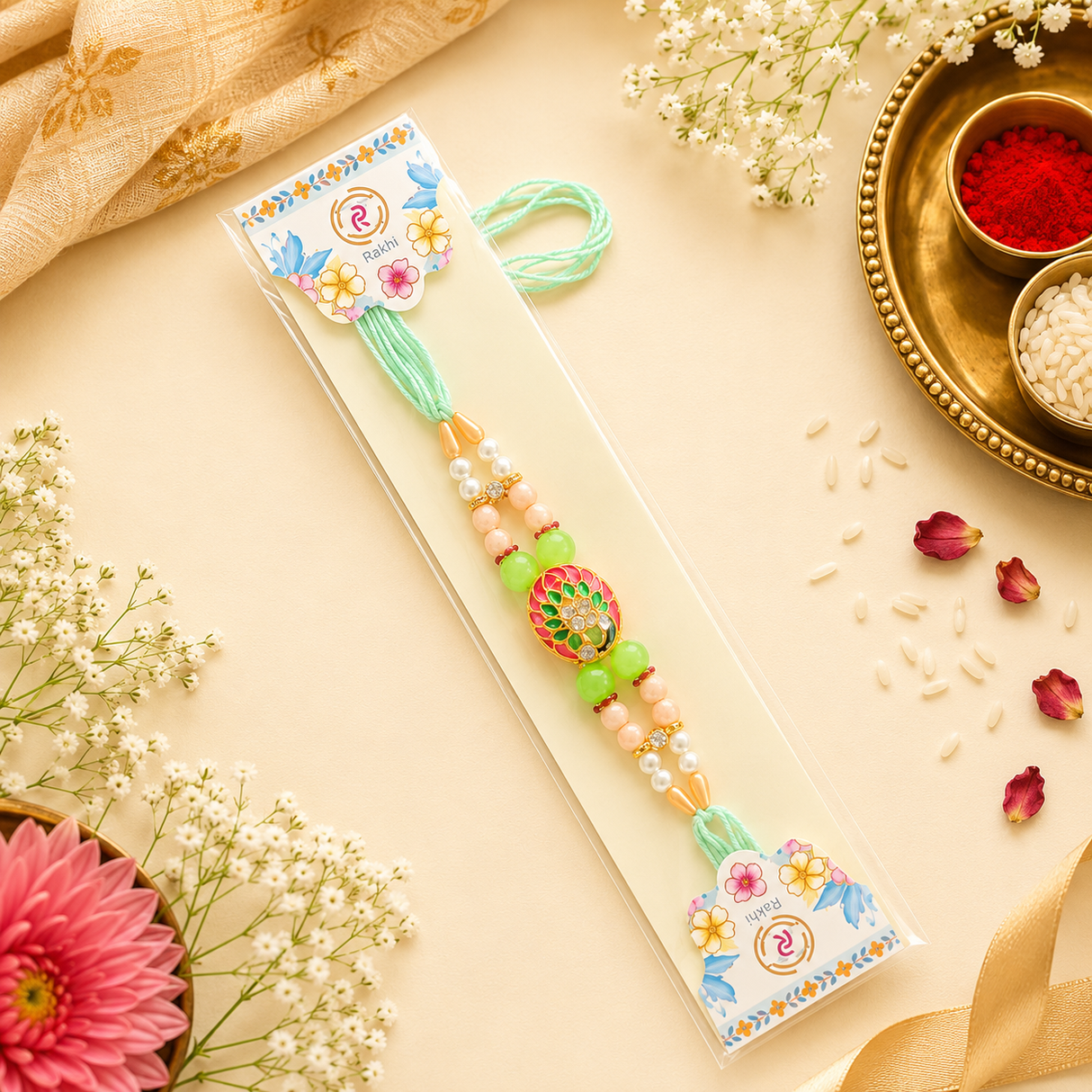 Designer Floral Peacock Rakhi with Pearl & Bead Work – Premium Rakhi