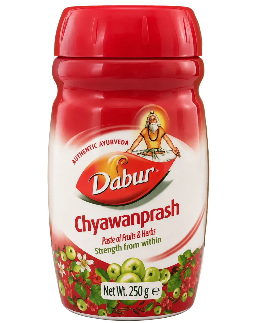 Red jar of Dabur Chyawanprash on a white surface with a brown cardboard background