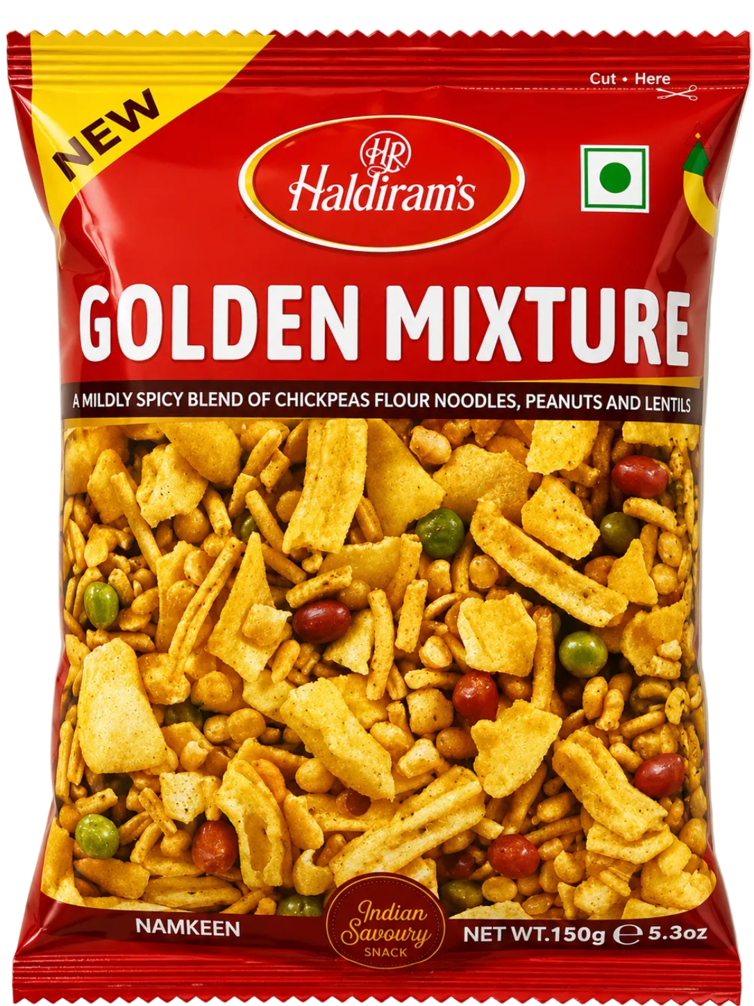 Haldiram's Golden Mixture snack packet on a white background