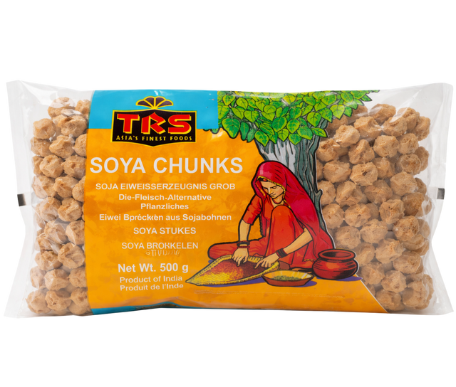 Packaged soya chunks with TRS branding on a white background