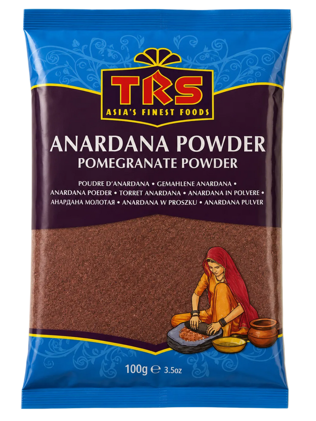 TRS Anardana Powder packaging on a beige background
