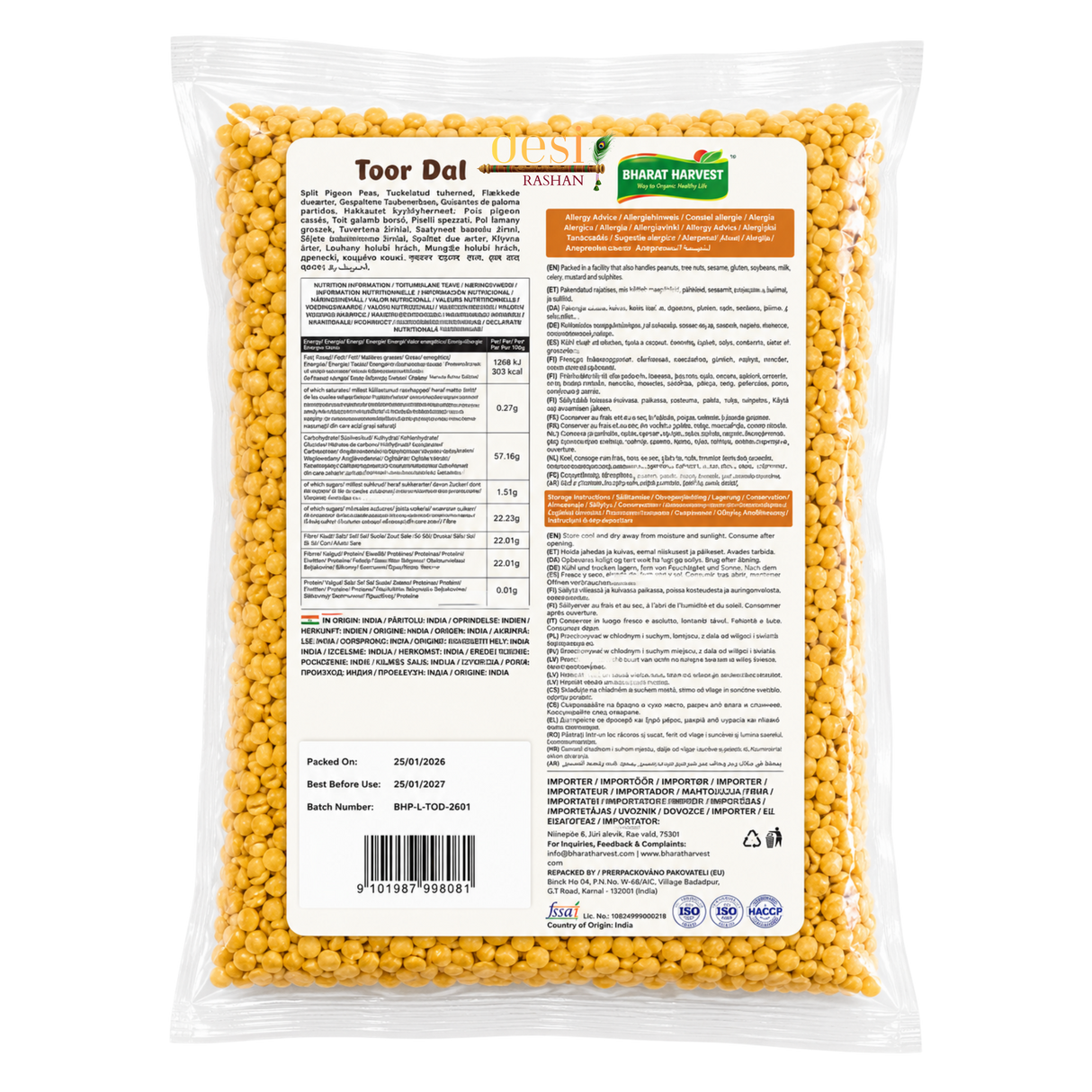 Bharat Harvest - Toor Dal/Split Pigeon Peas (1Kg) 25.01.2027