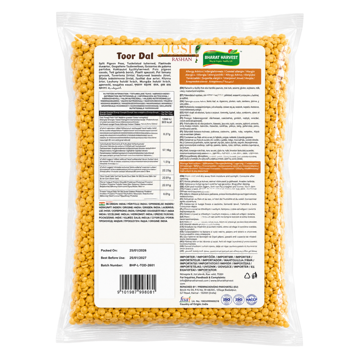 Bharat Harvest - Toor Dal/Split Pigeon Peas (2Kg) 25.01.2027