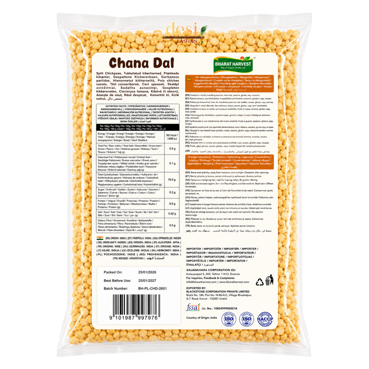 Bharat Harvest - Chana Dal/Split Chickpeas (1kg) 25.01.2027