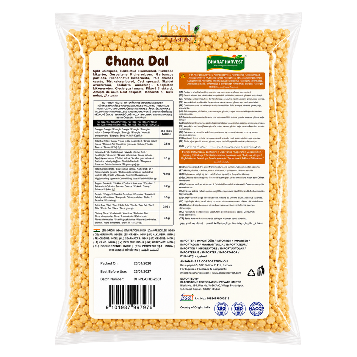 Bharat Harvest - Chana Dal/Split Chickpeas (2kg) 25.01.2027
