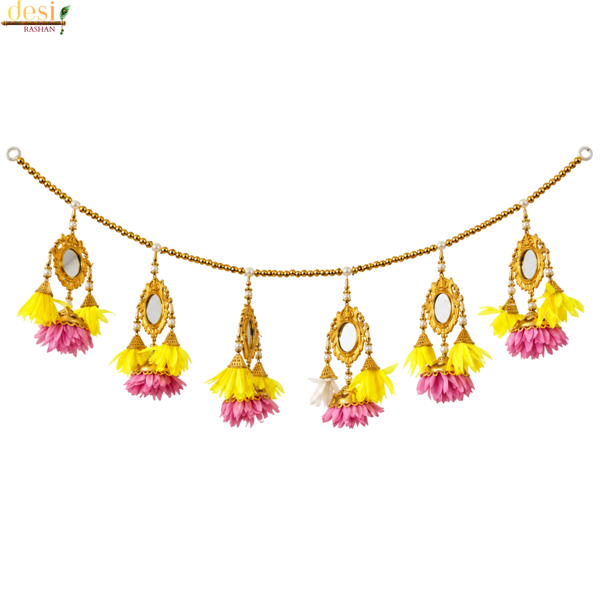 Golden Mirror Floral Door Toran – Pink & Yellow