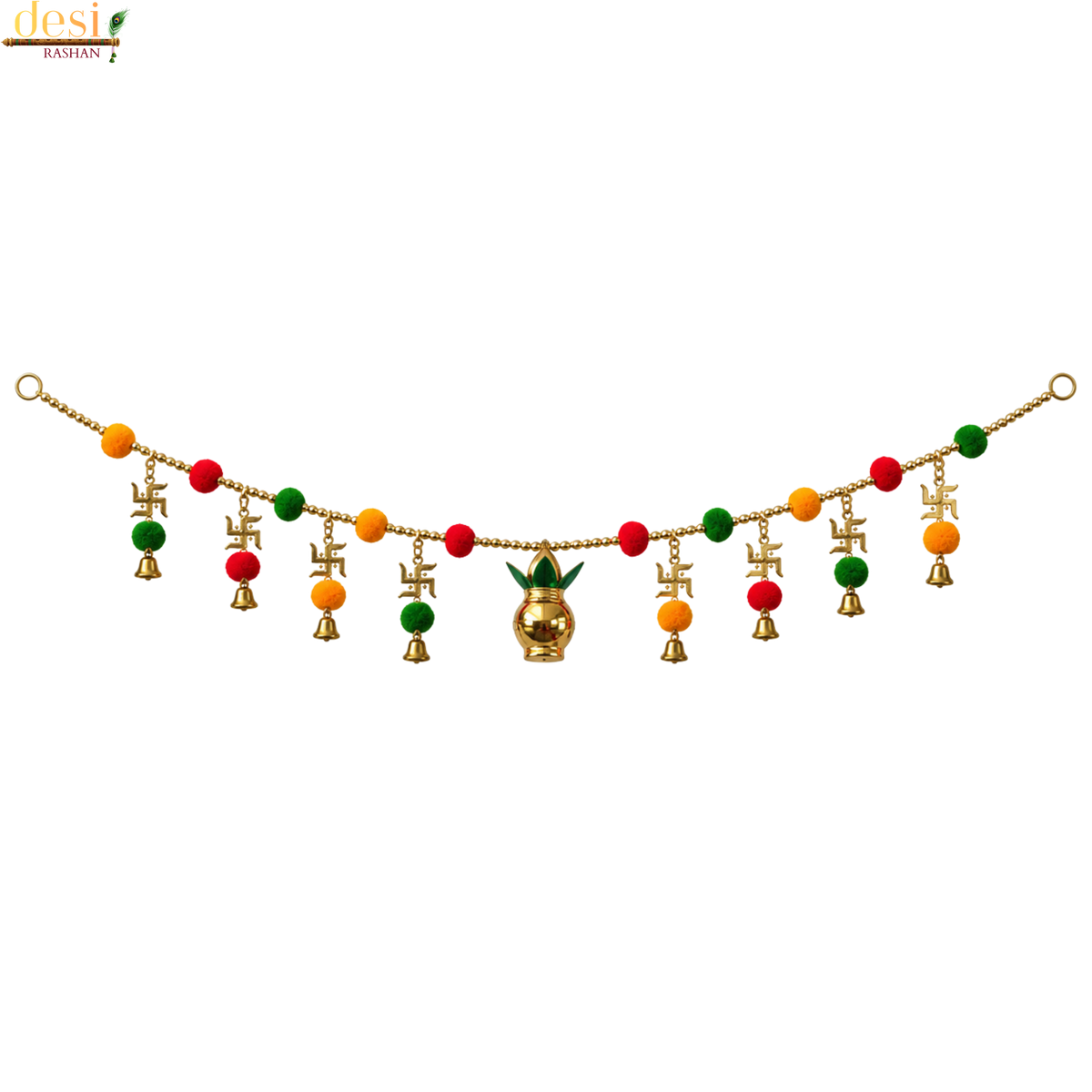 Small Golden Kalash & Swastik Door Toran with Multicolour Pom Poms