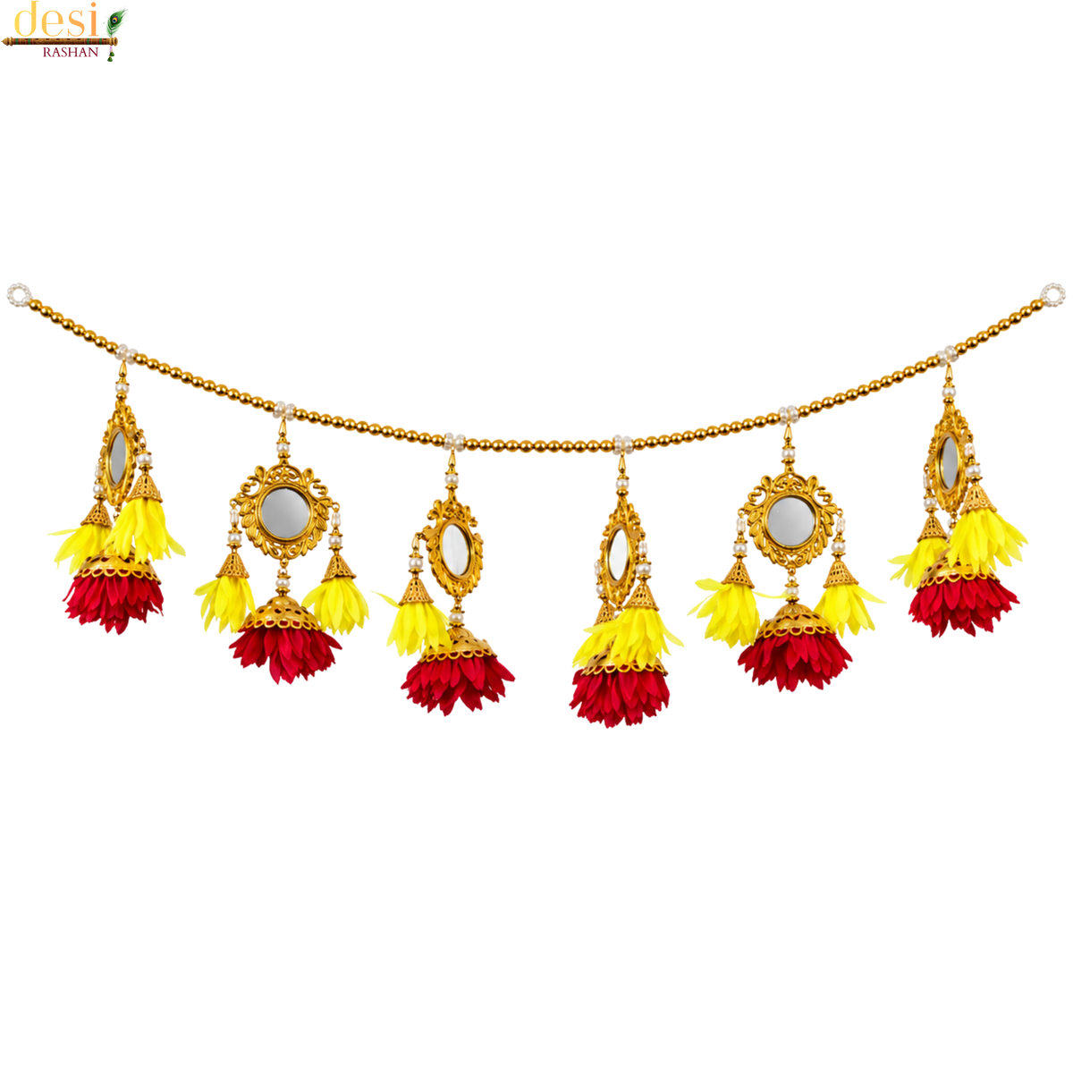 Golden Mirror Floral Door Toran – Red & Yellow