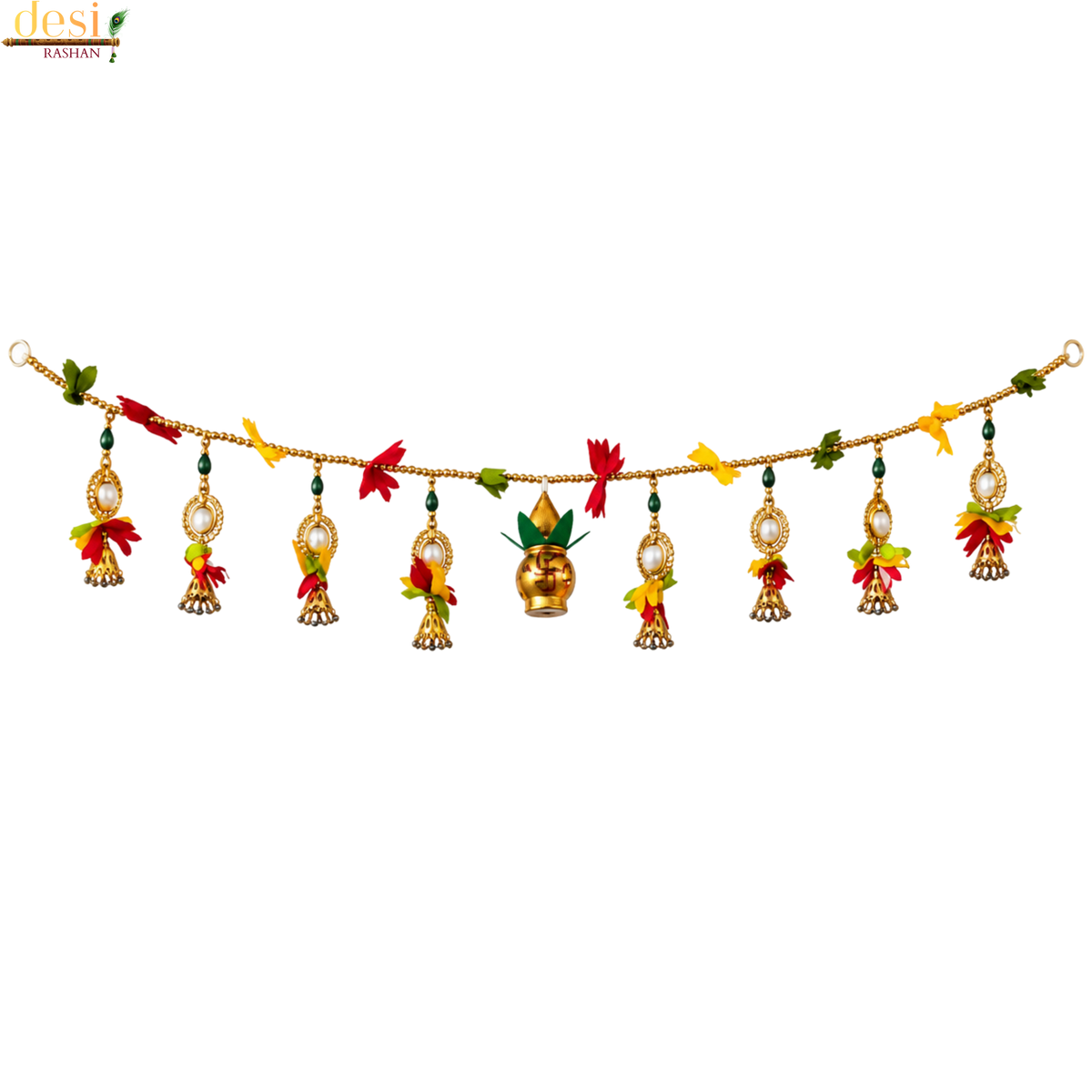 Golden Kalash Mirror Door Toran with Multicolour Floral Tassels