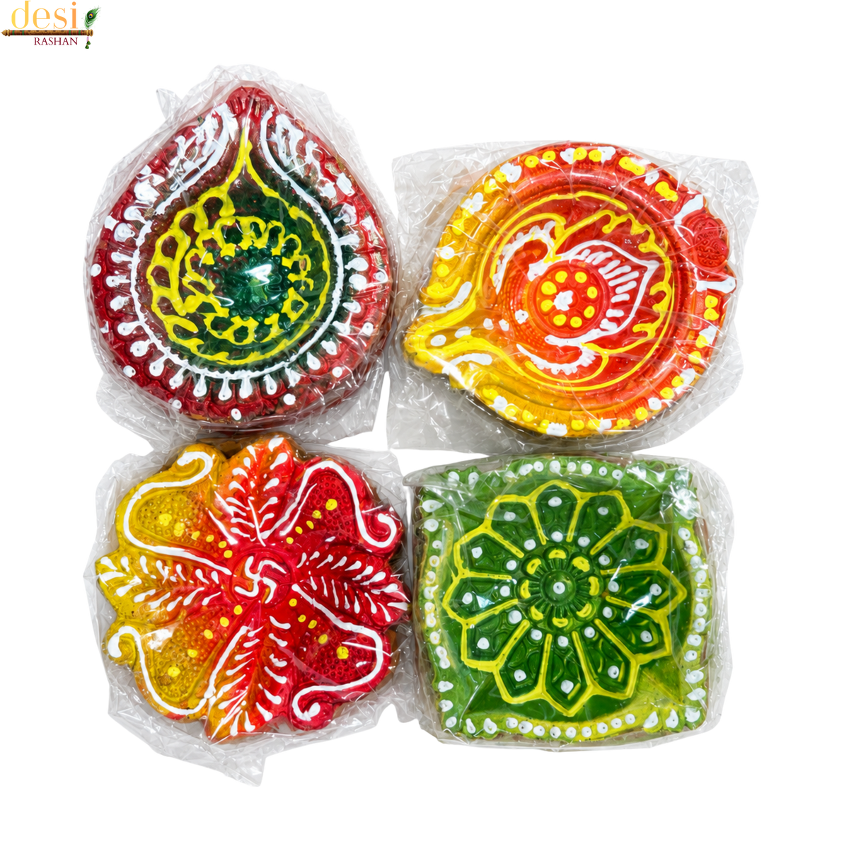 Hand-Painted Decorative Clay Diya Set – 4 pcs