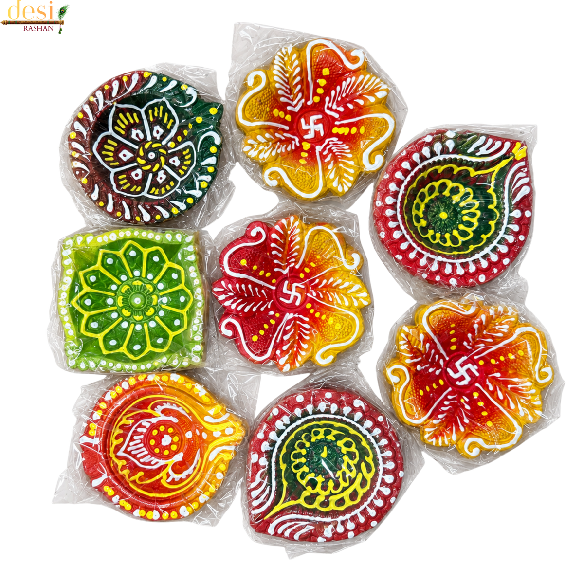 Hand-Painted Decorative Clay Diya Set – 8 pcs