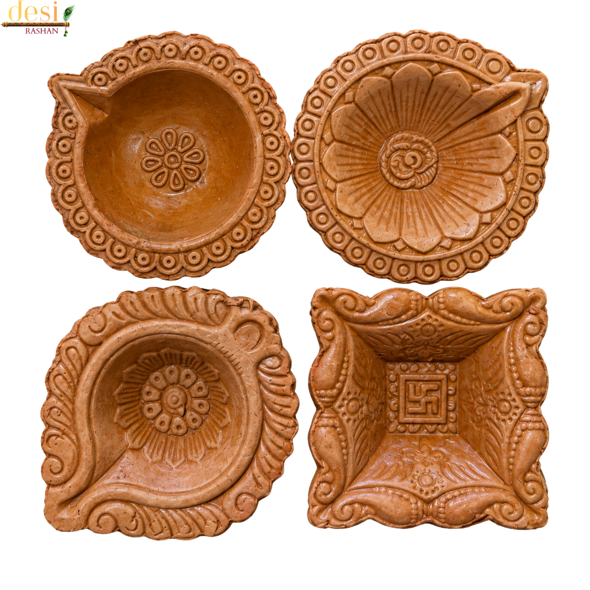 Clay Diyas – Assorted Designer Terracotta Oil Lamps for Diwali Puja (4 Pieces)