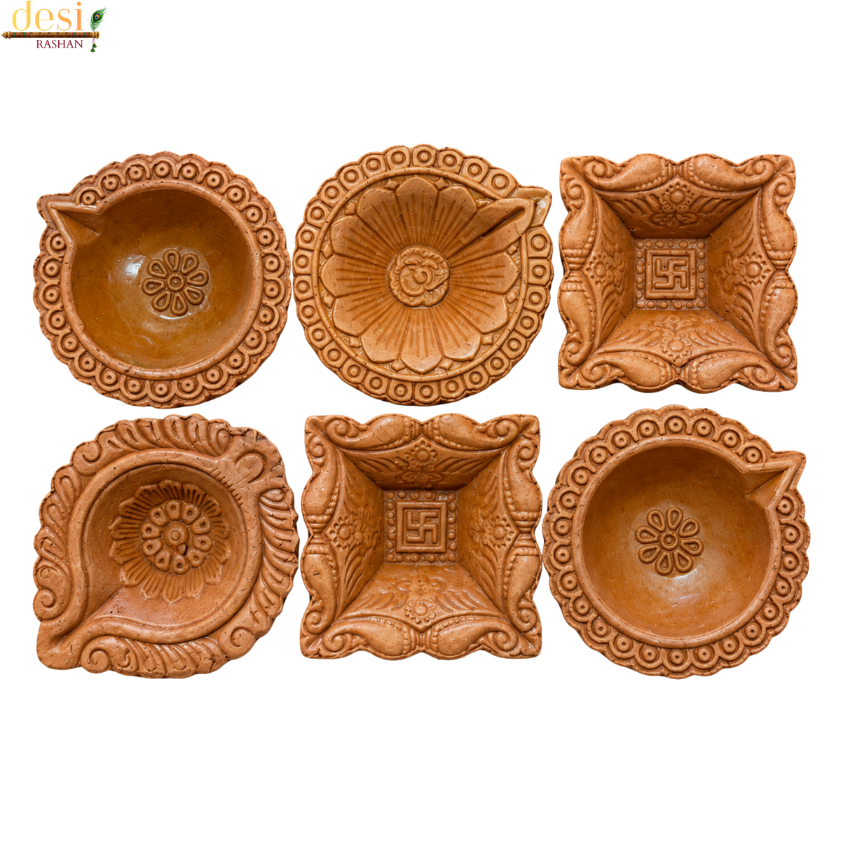 Clay Diyas – Assorted Designer Terracotta Oil Lamps for Diwali Puja (6 Pieces)