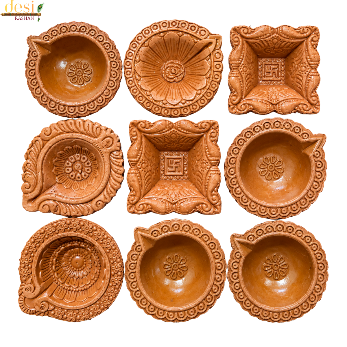 Clay Diyas – Assorted Designer Terracotta Oil Lamps for Diwali Puja (9 Pieces)