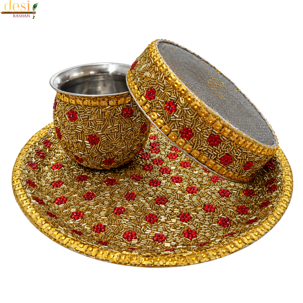 Karwa Chauth Decorative Puja Thali Set – Golden (3 Pieces)