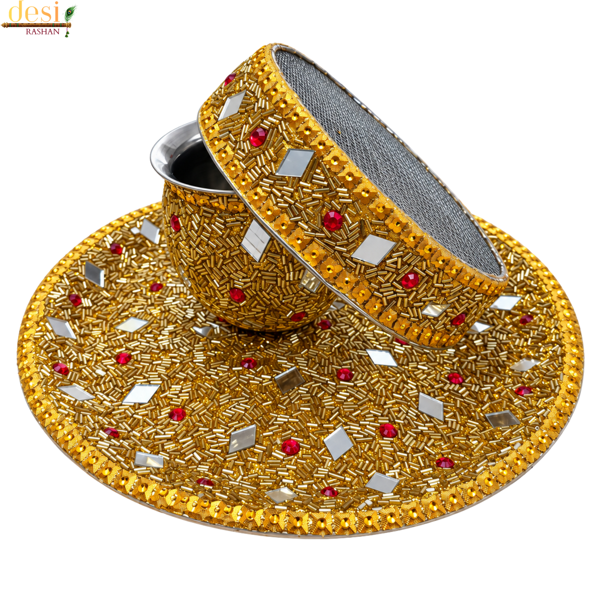 Karwa Chauth Decorative Puja Thali Set with – Golden Red Flower Design (3 Pieces)