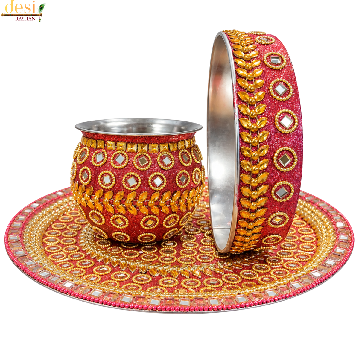 Karwa Chauth Decorative Puja Thali Set – Pink Golden Stone Work Design (3 Pieces)